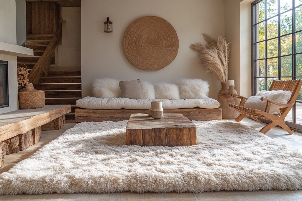 Tapis shaggy et meubles en bois : une association naturelle