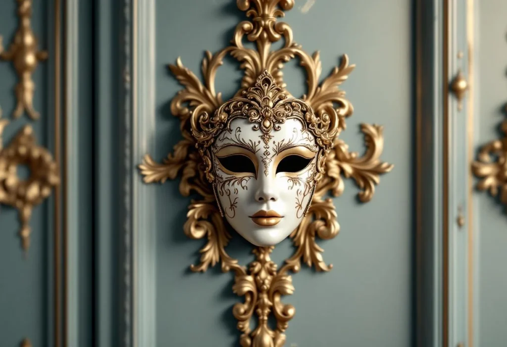 Volutes d’or et sobriété masculine : composer un mur élégant autour d’un masque vénitien